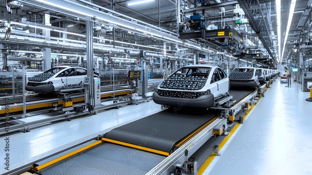 Fototapete automated production line with smooth pneumatic conveyor belt system moving products efficiently in 