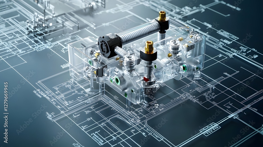 Poster Blueprint style technical drawing showcasing the intricate design of a pneumatic circuit used in automation processes  The schematic diagram displays the components systems