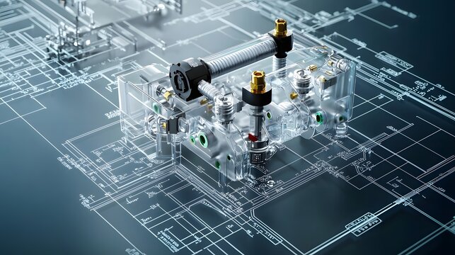 Blueprint style technical drawing showcasing the intricate design of a pneumatic circuit used in automation processes  The schematic diagram displays the components systems