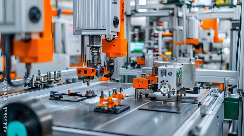 Poster Close up view of an advanced pneumatic clamping system integrated into an automated assembly line in a modern industrial manufacturing facility