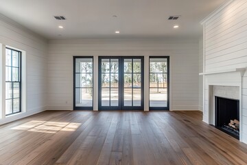 Elegant white farmhouse living room in a modern luxury house Includes hardwood floors wh