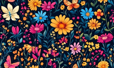 Vibrant seamless pattern featuring colorful butterflies and flowers on a dark background, creating a cheerful and lively design