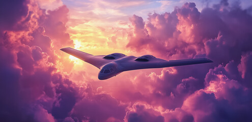 Futuristic stealth aircraft soaring through a vibrant sunset sky
