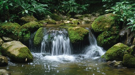 A small waterfall cascading over moss-covered rocks, hidden deep within Monserrate Park.