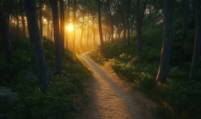 Obraz premium Scenic hiking trail winding through a dense forest, golden-hour light filtering through the trees, evoking a sense of adventur