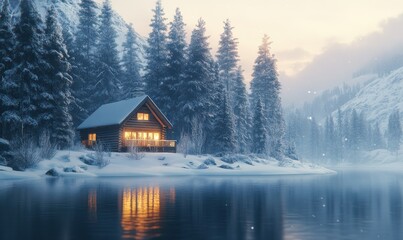 Fototapeta premium Scenic lakeside cabin with soft light glowing from within, peaceful winter landscape creating a serene retrea