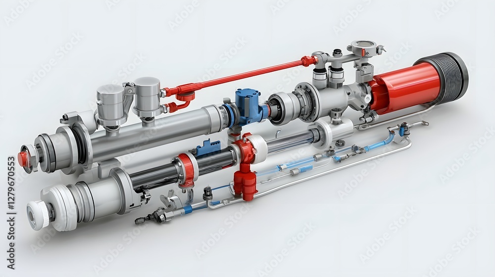 Fototapete cross section view of hydraulic system in heavy machinery showing fluid flow and pistons in a engine