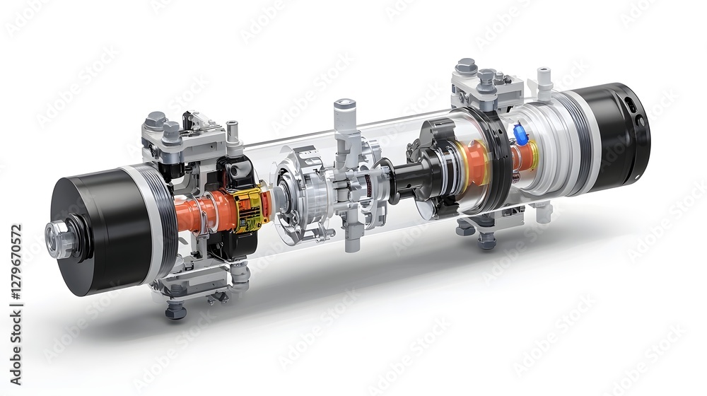 Aufkleber cutaway view of a hydraulic shock absorber  displaying its intricate internal structure  chambers  and the flow of damping fluid that enables the device s functionality