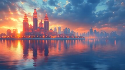 Obraz premium Mesmerizing Cityscape of Towering Skyscrapers and Historic Structures at Breathtaking Sunset