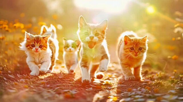 Playful kittens exploring nature's path under golden sunlight