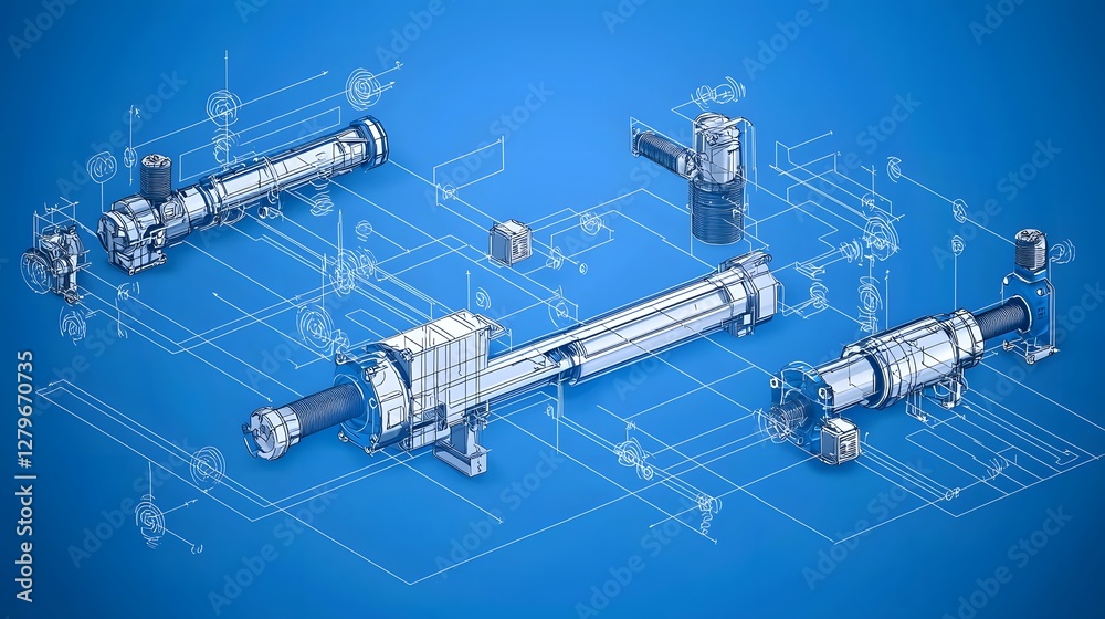 Poster Detailed and blueprint style technical drawing of a pneumatic circuit used in industrial automation systems  The image showcases the intricate components valves pipes