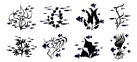 A collection of silhouettes of schools of small fish in seaweed. Vector graphics.