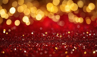 Golden sparkling bokeh lights scattered across a warm red background, creating a vibrant and festive aesthetic with depth and elegance,