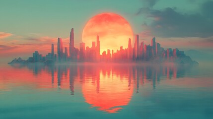 Majestic Coastal City Silhouetted at Sunset with Warm Hues Reflected on Tranquil Bay