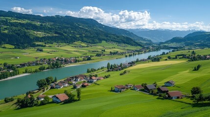 A stunning panoramic view of Rosenlaui in summer, showcasing the majestic Wellhorn, lush pastures, and the sparkling Reichenbach River