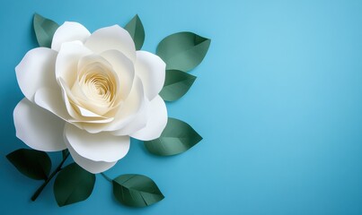 Fototapeta premium White Paper Rose with Green Leaves on Blue Background