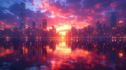 Obraz premium Majestic Coastal Cityscape Bathed in Warm Amber and Tangerine Sunset Glow