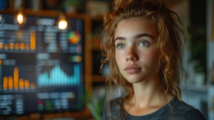 Young woman looking thoughtfully at a computer screen displaying charts and graphs.