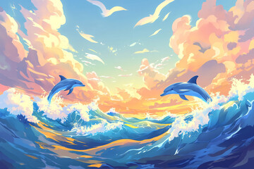 A dynamic and energetic cartoon style illustration of dolphins leaping through the ocean waves under a bright summer sky.