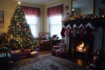 A warm and cozy Christmas morning scene, with a decorated tree, presents, and a crackling fireplace.