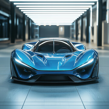 Futuristic blue hypercar with sleek aerodynamic design in a modern showroom
