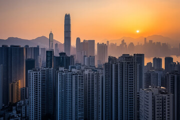 Obraz premium A dystopian brutalist skyline, with colossal, blocky concrete skyscrapers towering under a smog filled sunset.