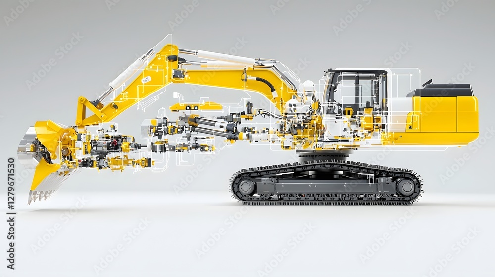Aufkleber detailed view of a construction excavator machine with transparent overlays revealing its complex hy