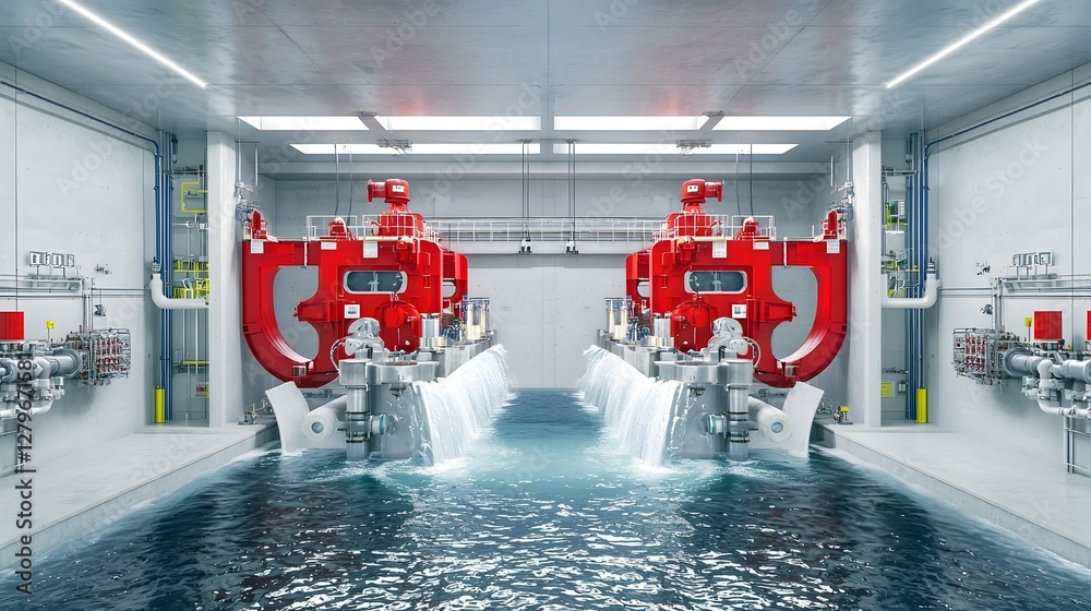Poster detailed view of a large scale hydraulic dam gate system showcasing the intricate network of pistons
