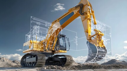 Detailed view of a construction excavator with transparent overlays exposing the complex hydraulic circuits and inner workings of this heavy machinery used for earthmoving demolition