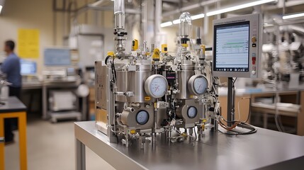 Detailed view of a high pressure pneumatic test system in a laboratory setting with various instruments and displays for monitoring the efficiency and performance of the equipment