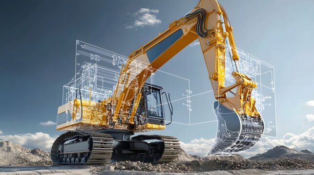 Detailed view of a construction excavator with transparent overlays exposing the complex hydraulic circuits and inner workings of this heavy machinery used for earthmoving demolition