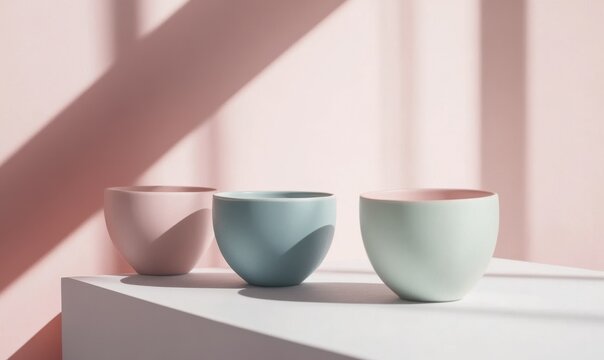 Handmade ceramic cups in soft pastel shades, placed on a clean surface, showcasing artisanal craftsmanship.