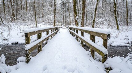 A wooden bridge blanketed in fresh snow, spanning a small frozen stream along a winter hiking route.