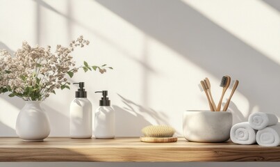 Minimalist product display of luxury bath products on a clean wooden surface, bright natural light creating a serene look.