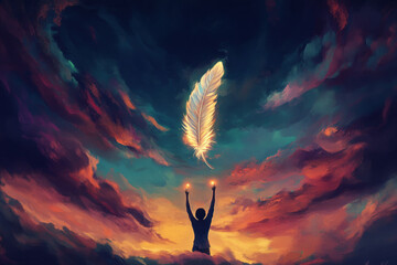 A symbolic and calming digital painting of a person letting go of a glowing feather into the sky, symbolizing the release of anger, resentment, and the embrace of forgiveness.