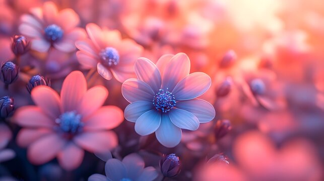 Ethereal Holographic Garden with Glowing Electric Blue and Purple Flowers in Soft Pink Mist