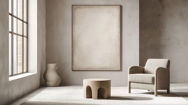 Elegant ISO size wall poster framed in sleek modern design displayed in a minimalist living room The neutral tones and contemporary art layout create an atmosphere of refined interior styling