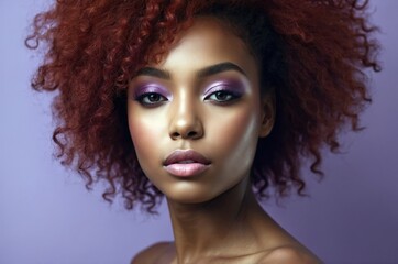 Fototapeta premium Beautiful confident photo model showcases vibrant makeup against a pastel color background in a studio setting, people and skincare, fashion theme concept. 