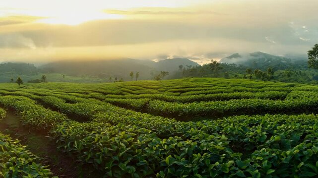 Lush tea fields in scenic dawn mist with rolling hills and vibrant sky