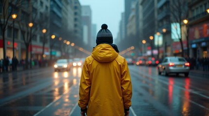 Traveler Wearing Raincoat Standing a Traffic Street.
