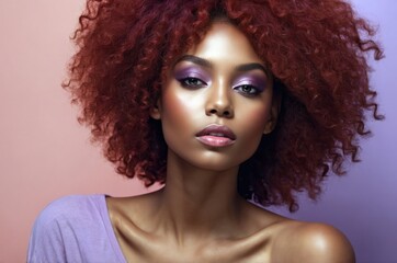 Fototapeta premium Beautiful confident photo model showcases vibrant makeup against a pastel color background in a studio setting, people and skincare, fashion theme concept. 