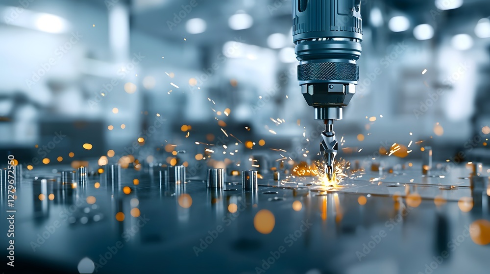 Poster image of a pneumatic power tool such as a drill or impact wrench in action at an industrial workshop  Showing the machine s movement sparks and energy as it operates on metal or other materials