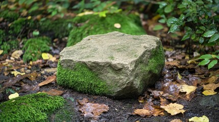 Obraz premium Beautiful natural contrast of rough stone and soft green moss, enhanced by scattered leaves in a damp forest setting