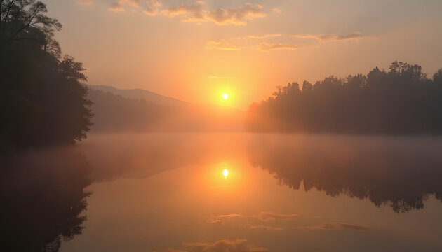 Amanecer en un lago con neblina y reflejos dorados en un paisaje sereno