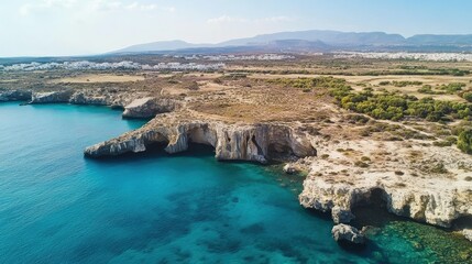 Cape Greco's dramatic cliffs under a blazing sunset, with the sea shimmering in deep turquoise and the sky bursting with warm hues.