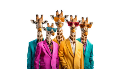 Giraffes dressed in colorful suits and sunglasses