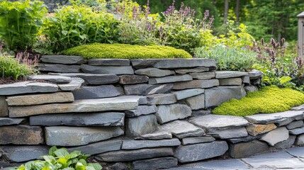 Dense layers of moss intertwined with creeping thyme and mint growing along a shaded garden wall