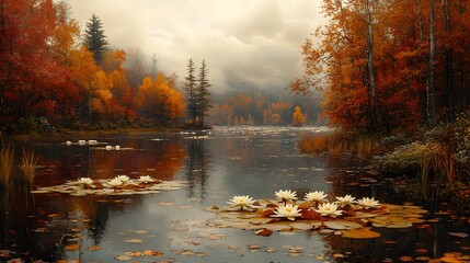 Autumn Forest Lake with Serene Water Lilies in Muted Tones