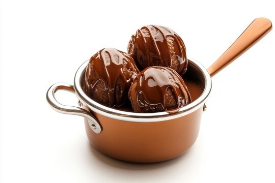 Frozen dessert spheres in a copper pot with caramel on a brown backdrop Close up of a swe