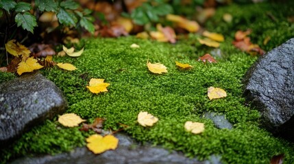 Earthy tones of green moss and rough stone, forming a natural and organic background in a garden setting